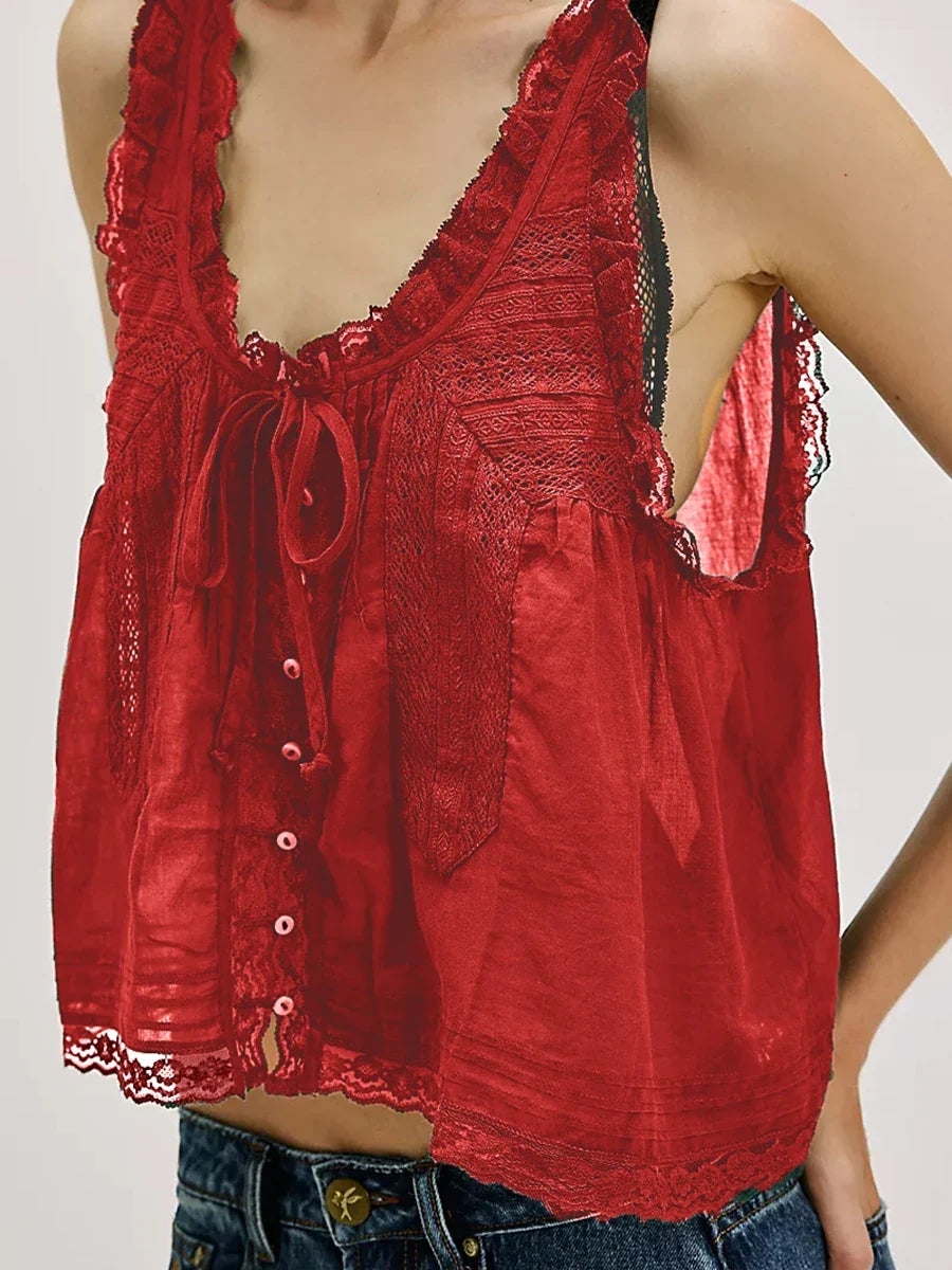 White Lace Trim Tank Top Women U Collar Single Breasted Drawstring Vest Summer Casual Fashion Hollow Out Camisole 2025 New