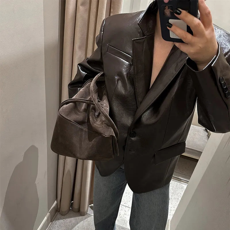 PU Leather Tube Dresses Suit Coat Women's Set Vintage Solid Slim Fit Long Dress Lapel Jackets Sets Female Chic Street Outfits
