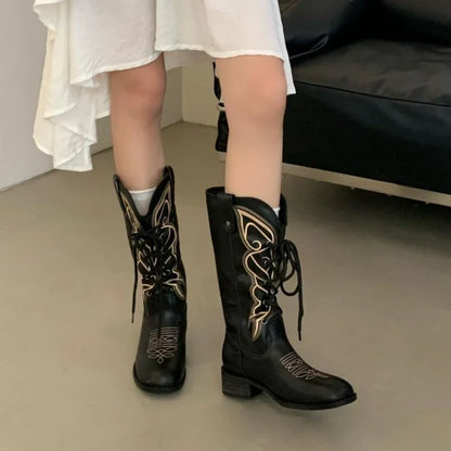 Retro Butterfly Embroidery Wedges Ankle Boots Women Fashion Rivet Sewing Lace Up Mid Calf Boots Luxury Cozy Brand Designer Boots