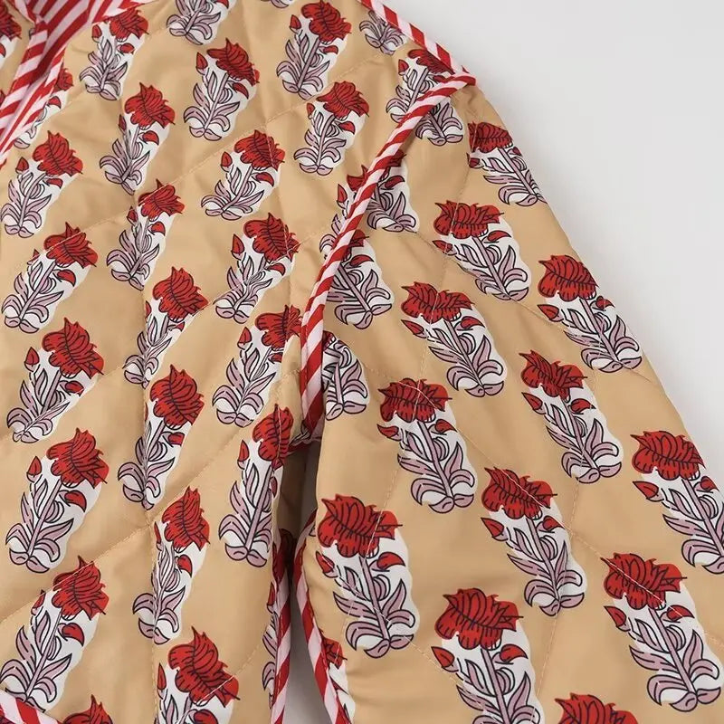 Autumn Winter Totem Flower Striped Print Tie Bow Sashes Quilted Reversible Coat Women Quilting Full Sleeve Loose Jacket