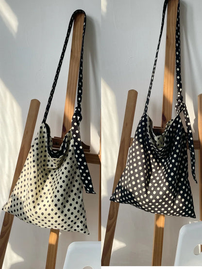 Niche Double-sided Black White Polka Dot Bags Female Shoulder Bag Casual All-match Retro All-match Simple Canvas Bags