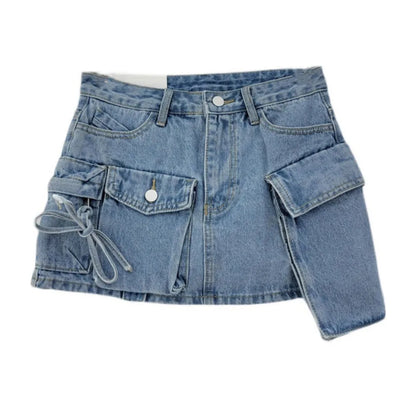 Y2K Low Waist 3D Pockets Mini Denim Skirt With shorts lining Sexy Rope Bow Side Package Hips Short Skater Light blue gray white