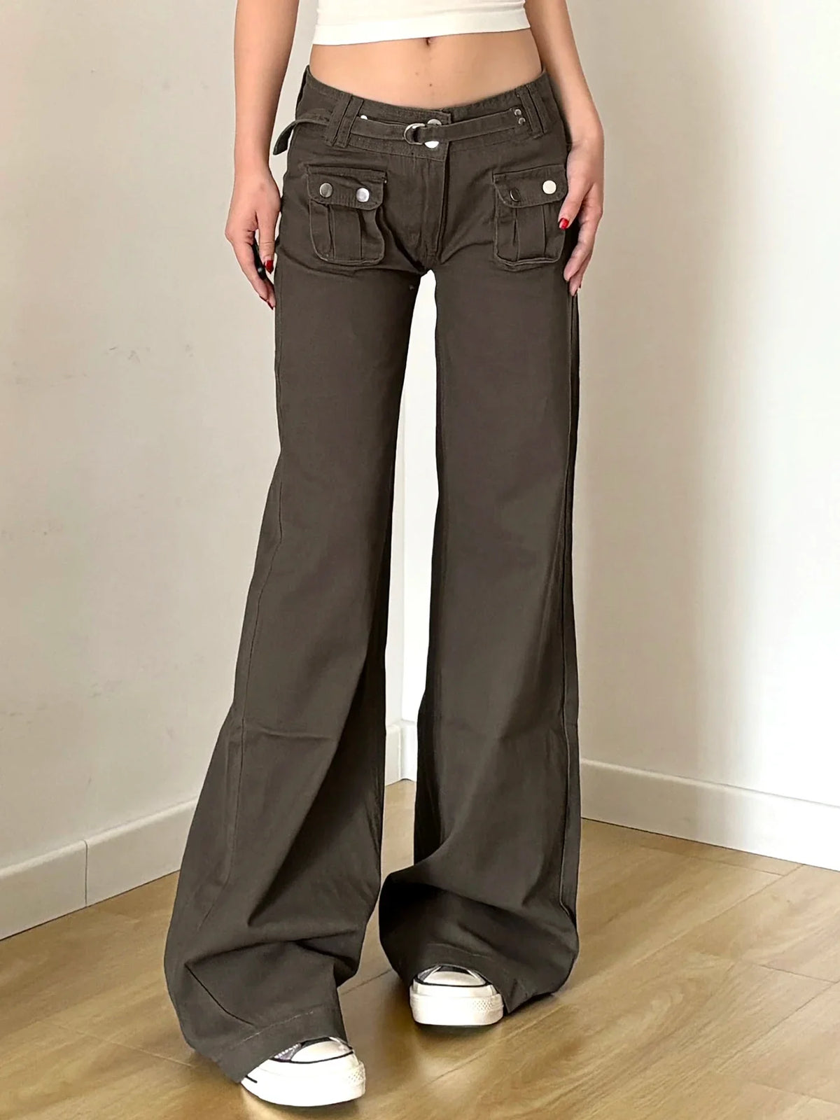 Vintage 2000s Pocket Denim Pants with Belt Casual Low Rise Baggy Cargo Denim Pants y2k Streetwear Women's Jeans Harajuku