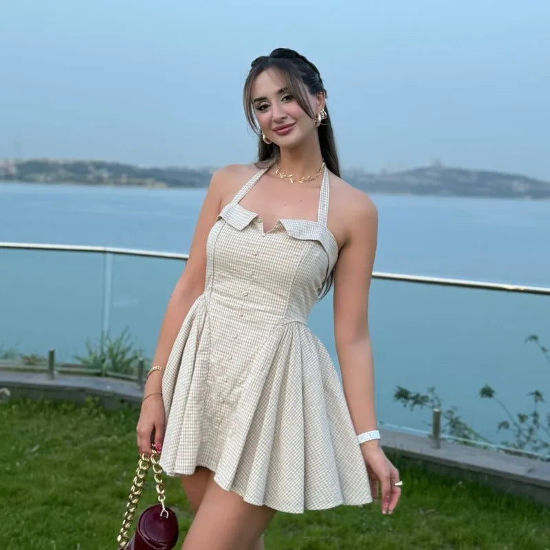 Summer New Khaki Plaid Fashion Short Dress High Waist A-line Hanging Neck Summer Dress Y2K Sweet Chic Woman Clothing