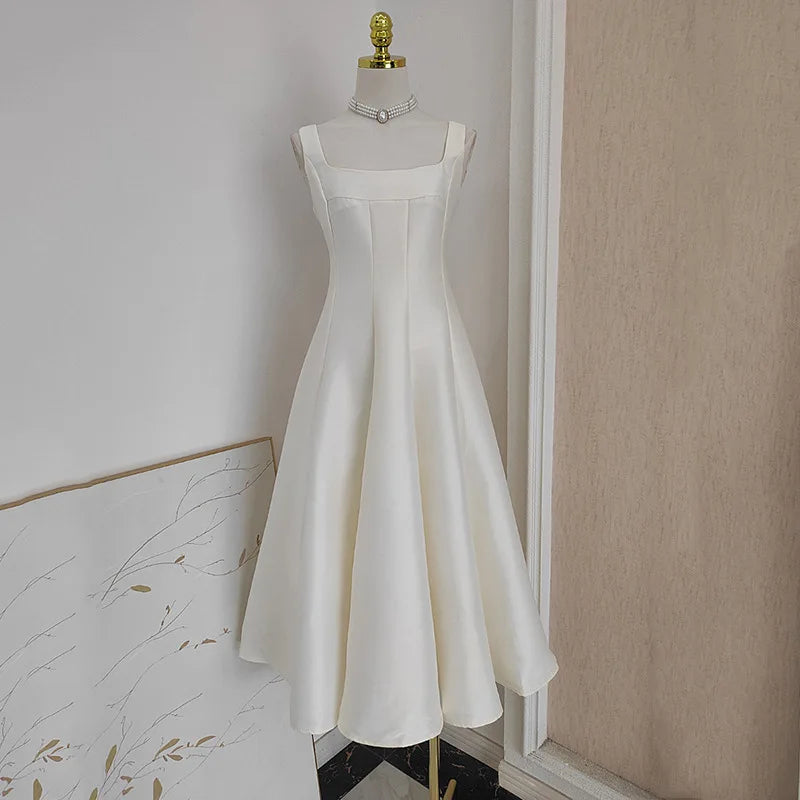 Square Collar Evening Dress French Hepburn Style Niche Temperament Retro Sling Slim Waist Wedding Party Dresses Fluffy Prom Robe