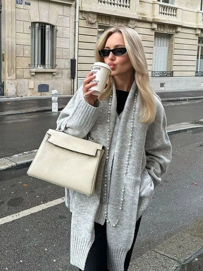 Elegant Solid Scarf Collar Knitted Cardigan Women Chic Full Sleeve With Pocket Loose Sweater New Autumn Lady Casual Street Wear