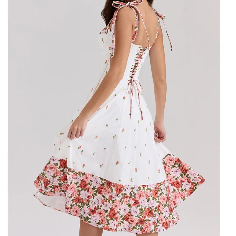 Flower Print Patchwork White Sling Elegant Dress Women Lace Up Bandage Back A-line Summer Dresses Chic Lady Holiday Robe 2025