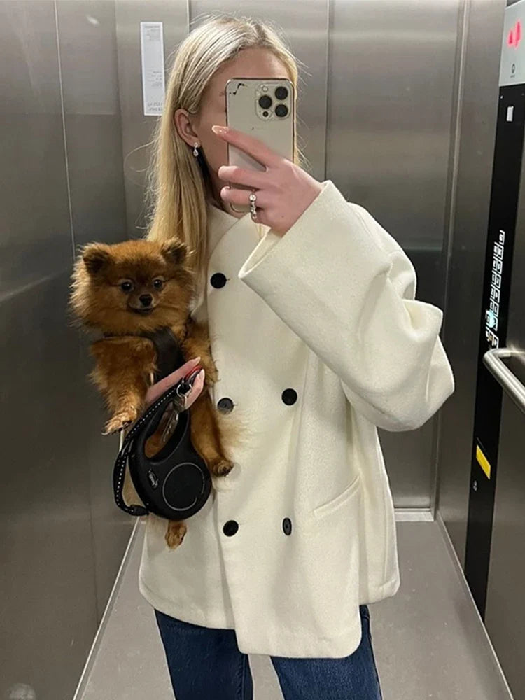 Minimalism Solid Color Women's Coat Round Neck Double Breasted Jackets New Autumn Fashion Coats Casual Loose Ladies Outerwear