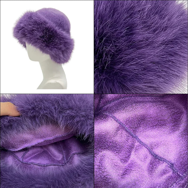 Winter Faux Fox Fur Bucket Hats For Women Soft Thickened Plush Fisherman Hat Outdoor Windproof Warm Beanies Caps Ski Panama Cap