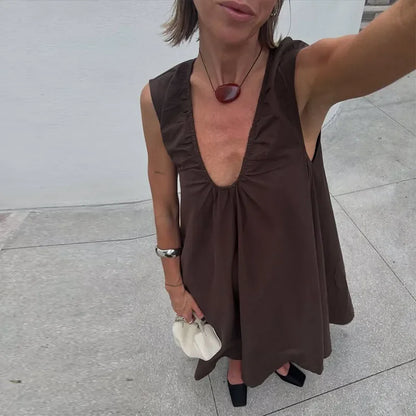 Elegant V-neck Long Dress Women Loose White Sleeveless Backless A-line Beach Dresses 2025 Summer Lady Casual Solid Chic Robes