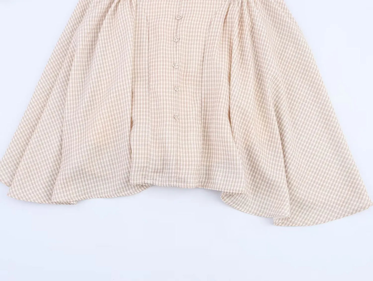 Summer New Khaki Plaid Fashion Short Dress High Waist A-line Hanging Neck Summer Dress Y2K Sweet Chic Woman Clothing