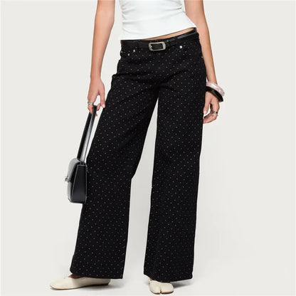 Women's Y2K Polka Dot Wide Leg Jeans High Waist Loose Fit Baggy Denim Pants Retro Vintage Streetwear Casual Daily Outfit