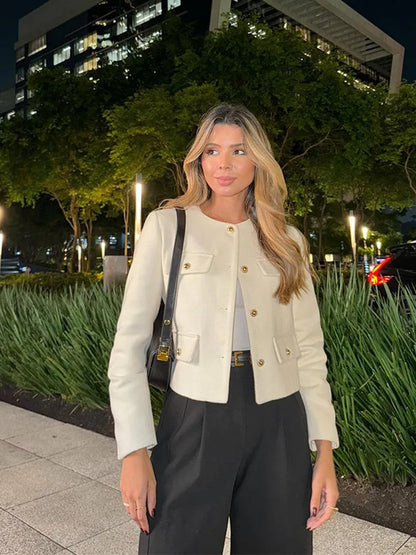 Elegant Solid Button Fake Pocket Jacket Women's Fashion O-neck Long Sleeve Single Breasted Cropped Coats New Lady Chic Outerwear