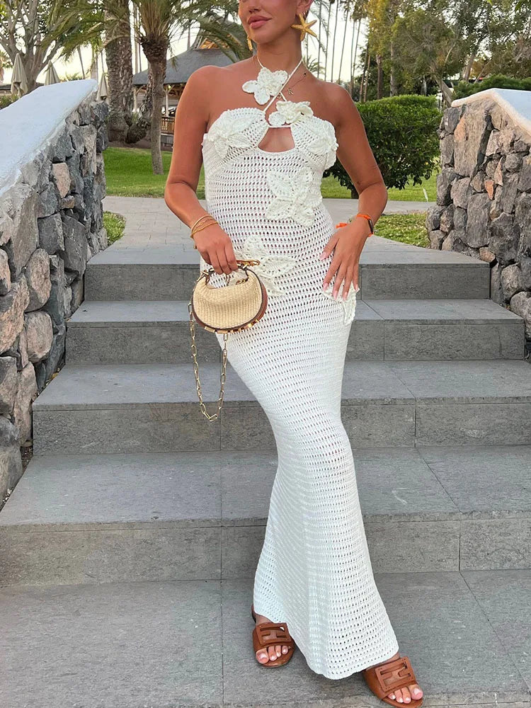 Crochet Halter Keyhole 3D Floral Applique Bodycon Maxi Dress