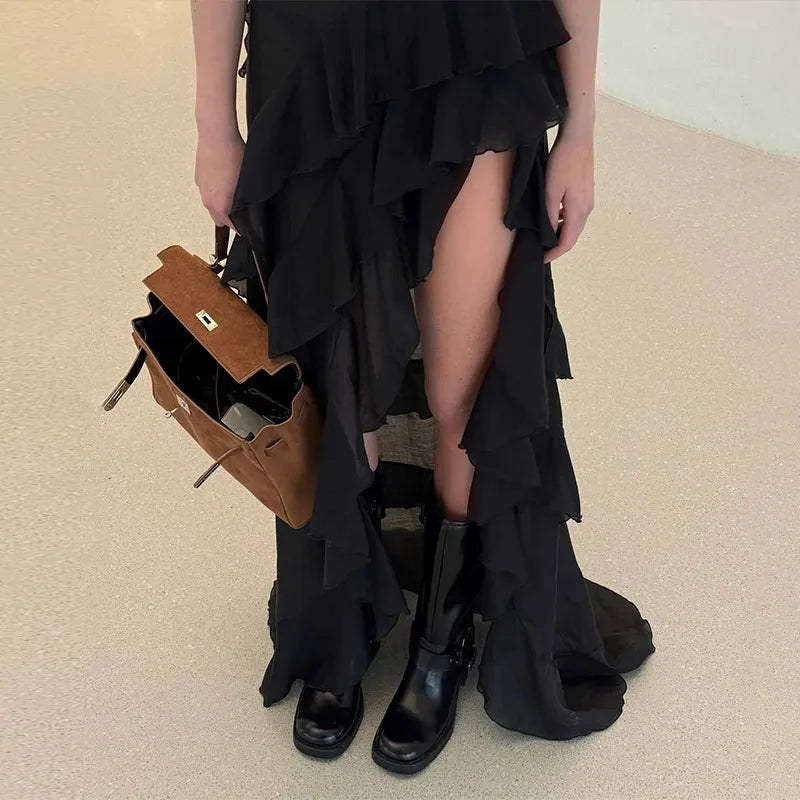 Chic Ruffle Backless Dress Women Slash Neck Sleeveless Lace Up Irregular Hem Floor-length Dresses Female 2025 Spring Lady Robe