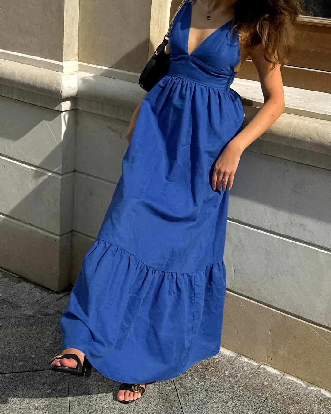 V-Neck Backless Patchwork Long Dress Women Casual High Waist Bandage Sleeveless Solid Spring 2025 New Ladies Maxi Dress