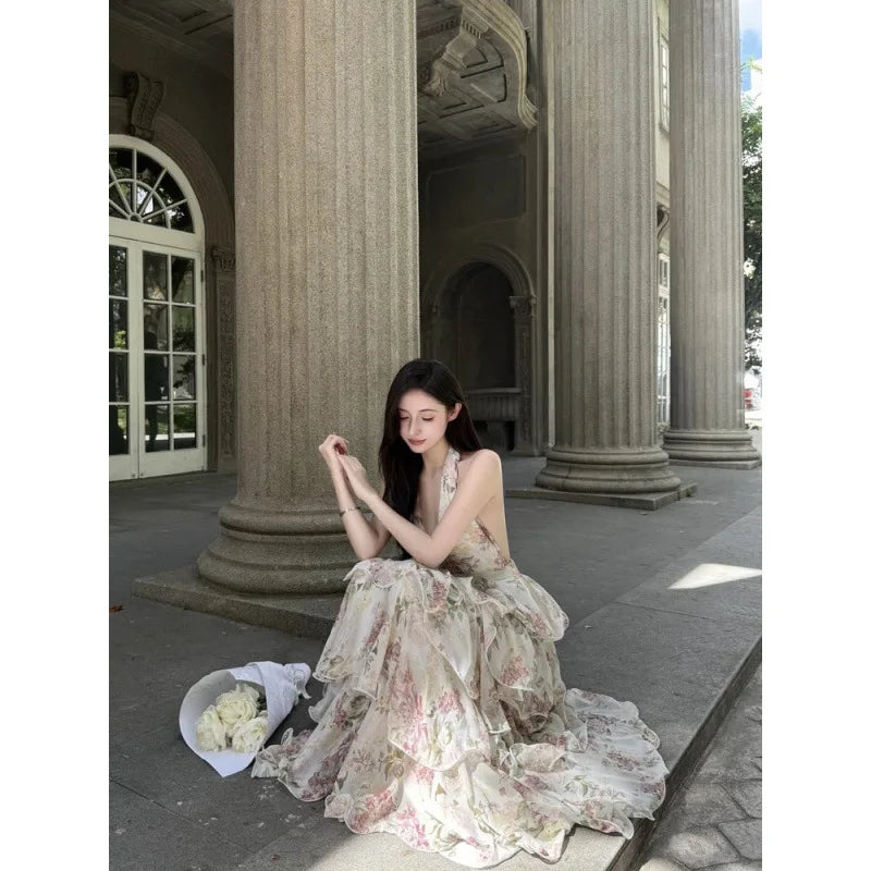 Summer Hot Selling Neckband Rose Flower V-neck Waist Cinched Cake Skirt Chiffon Long Skirt for Women
