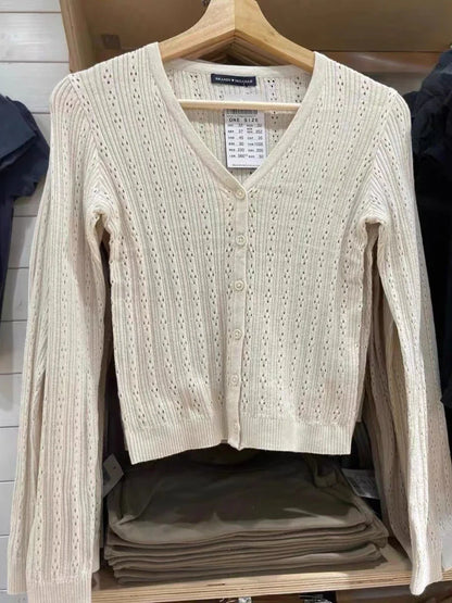 Hollow Out Solid Knitted Tops Women Spring Sexy V Neck Cotton Long Sleeve T-shirt Female Vintage Simple Cute Crop Top Chic