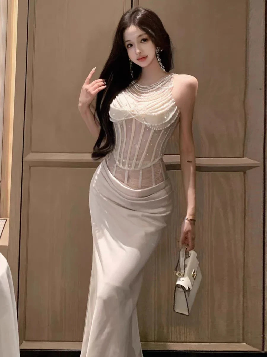 Women's Elegant Pearls O Neck Corset Tank Top Lady High Street Sexy See Throught Slim Tank Top