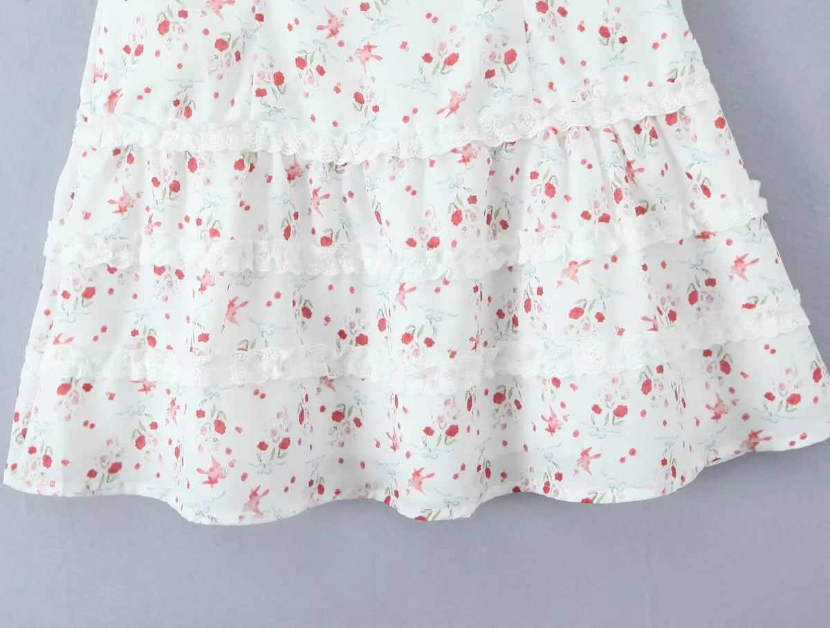 Sweet Girl French Style Floral Print Sleeveless Dress Women Lace Spliced A-line Summer Mini Dress Holiday Robe Vestidos