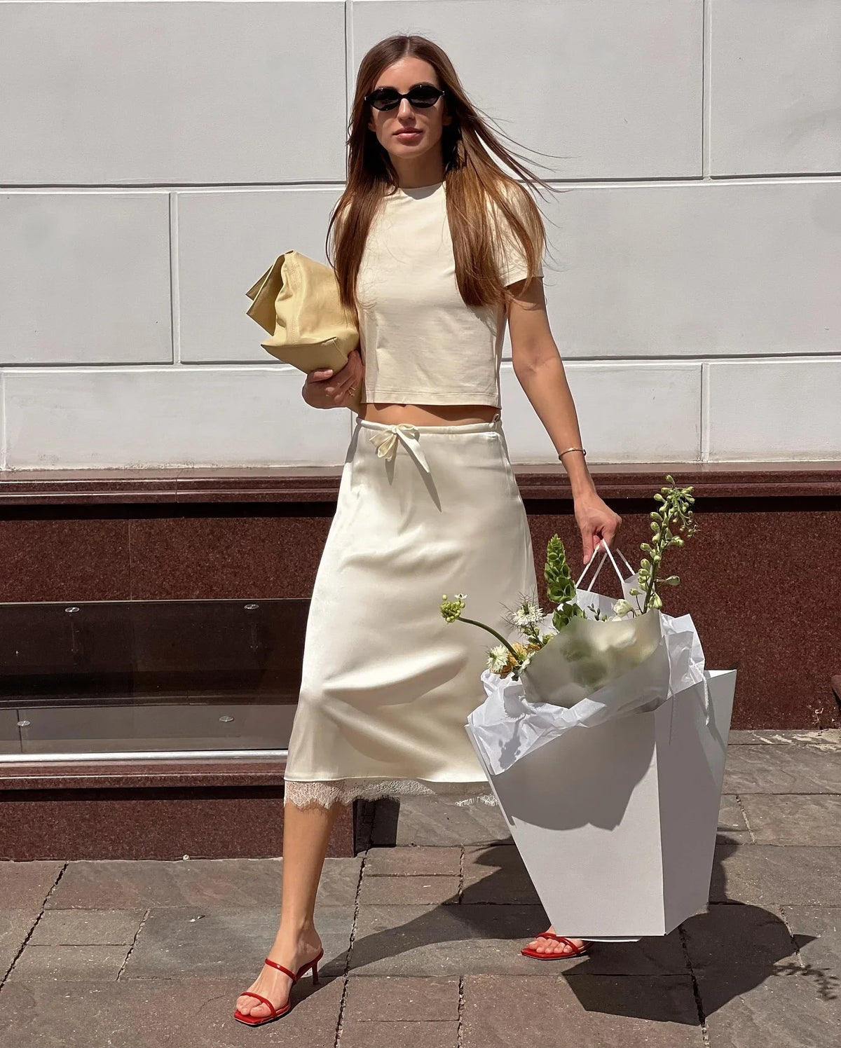 Fashion Satin Lace Patchwork Drawstring Short Skirt Feminine Elegant Slim Fit Midi Skirt Female Summer Streetwear