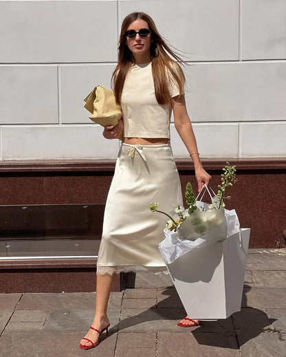 Fashion Satin Lace Patchwork Drawstring Short Skirt Feminine Elegant Slim Fit Midi Skirt Female Summer Streetwear