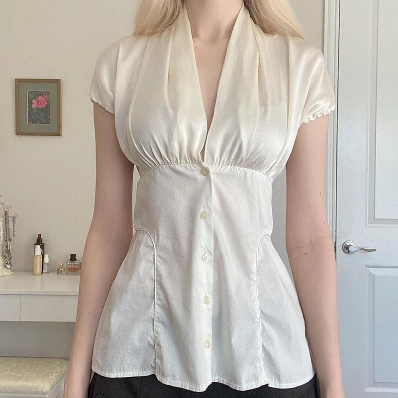 French Retro Satin A-line Shirt Chic Fashion Slimming Short Sleeve V-neck Blouses Office Ladies Elegant Top All-match