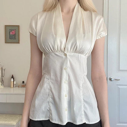 French Retro Satin A-line Shirt Chic Fashion Slimming Short Sleeve V-neck Blouses Office Ladies Elegant Top All-match