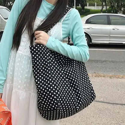Korean Retro Polka Dot Tote Bag for Female College Students Versatile Class Large Capacity Portable Shoulder Bags
