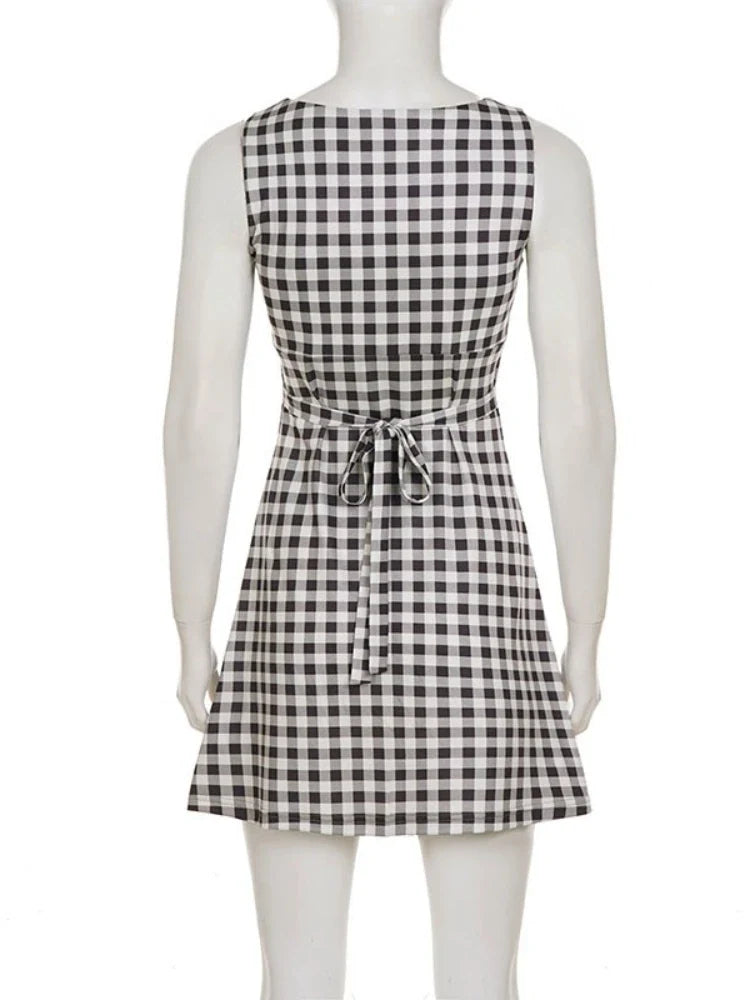 Elegant Women A Line Short Dress Fashion O Neck Plaid Print Sleeveless Tie Waist French Retro Casual Summer Mini Dress
