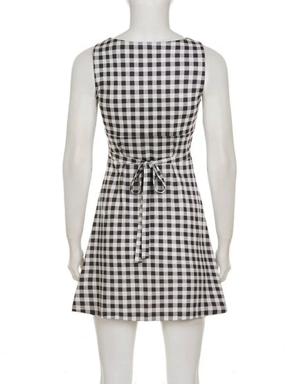 Elegant Women A Line Short Dress Fashion O Neck Plaid Print Sleeveless Tie Waist French Retro Casual Summer Mini Dress