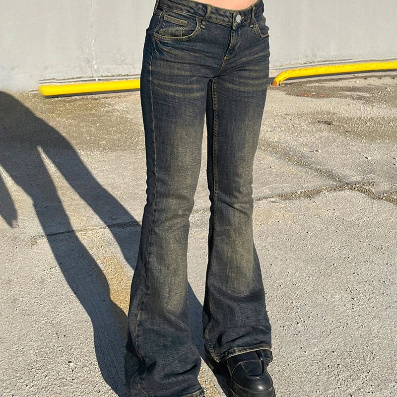Y2K Low Waist Flare Jeans Women Retro Stylish Distressed Slim Denim Trousers High Street Korean Harajuku Pants 2000s