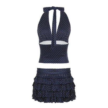 Dot Print V-neck Halter Camisole Top and A-line Layered Skirt Suit Fashion Sexy Women Backless Summer Two Piece Set