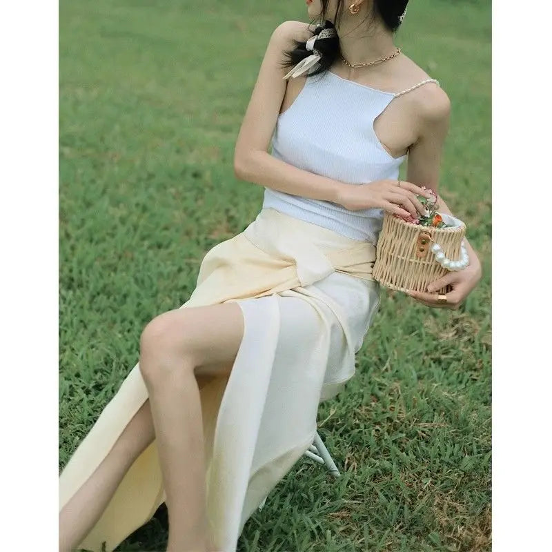 Niche retro colour collision splicing high waist thin open a-line bustier skirt fashion women's skirt 2024