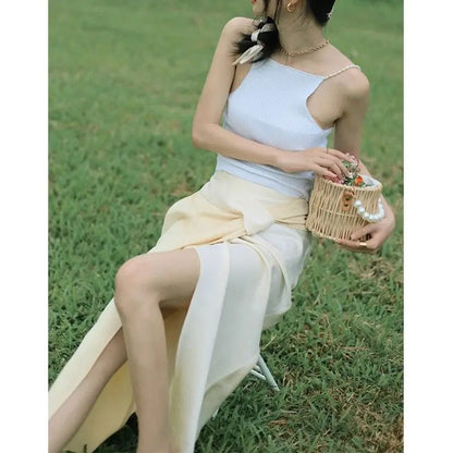 Niche retro colour collision splicing high waist thin open a-line bustier skirt fashion women's skirt 2024
