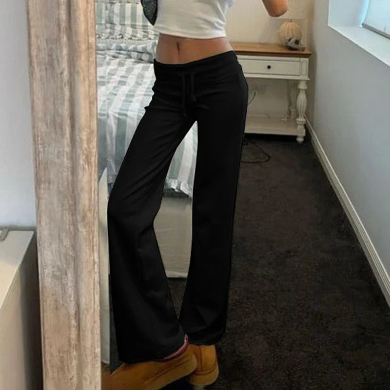 Drawstring Solid Women Slacks Turndown Waist Straight Casual Pants Concise Knitted Sweatpants All-matched Trousers Home