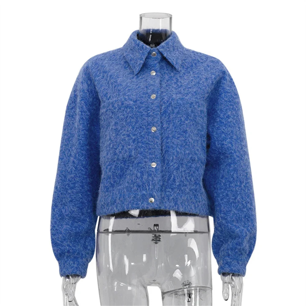 Autumn Winter Blue Short Woolen Jacket for Women Lapel Long Sleeve Button Up Warm Coat Female Casual Streetwear Tops