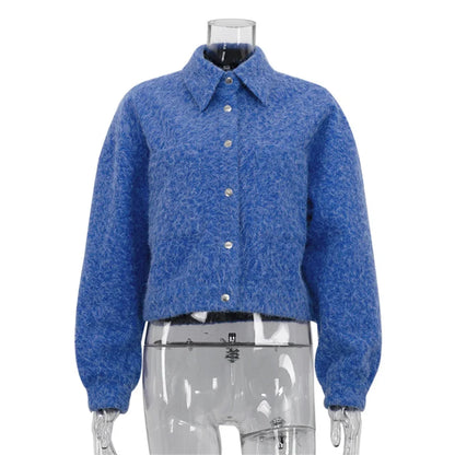 Autumn Winter Blue Short Woolen Jacket for Women Lapel Long Sleeve Button Up Warm Coat Female Casual Streetwear Tops