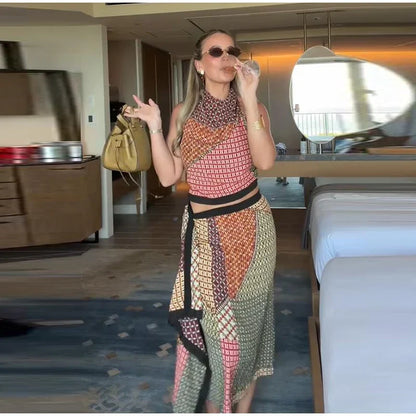Women Color Block Print Two Piece Set Halter Neck Sleeveless Crop Top High Waist Irregular Midi Skirt Summer Vacation Suit