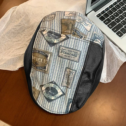 Japanese Retro Printed PU Leather Forward Hats for Women Summer and Autumn New Niche Splicing British Berets Caps Men