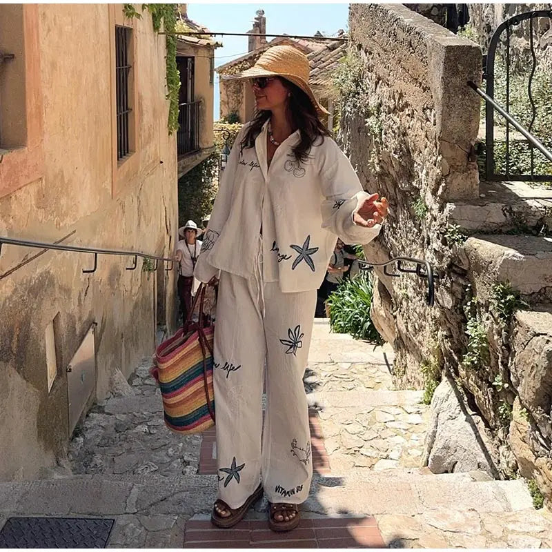 Cotton Linen Women's Trousers Set Long Sleeve Single Breasted Loose Shirt Wide Leg Pants Suits Summer Casual Lady Sets