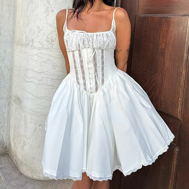 Lace Patchwork Sleeveless A-line Dress Holiday Party Evening Ball-gown Mini Dresses French Style Robe Elegant Outfits