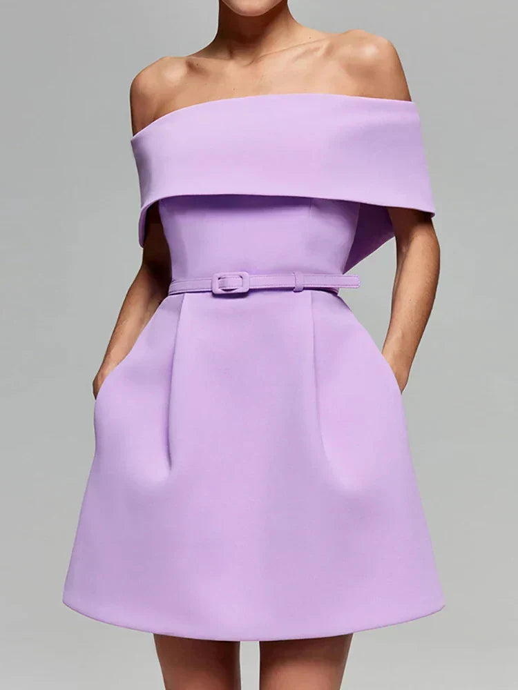 Off Shoulder Belted Fit and Flare Pocket A-Line Mini Dress