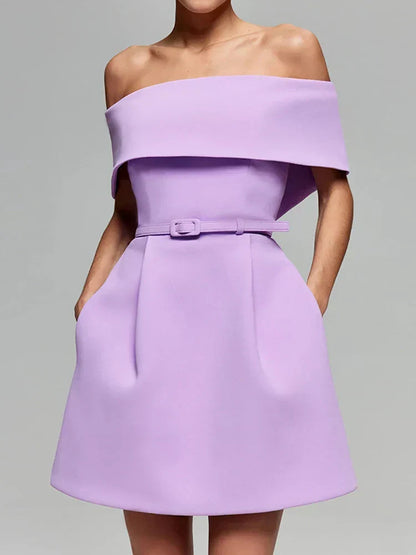 Off Shoulder Belted Fit and Flare Pocket A-Line Mini Dress