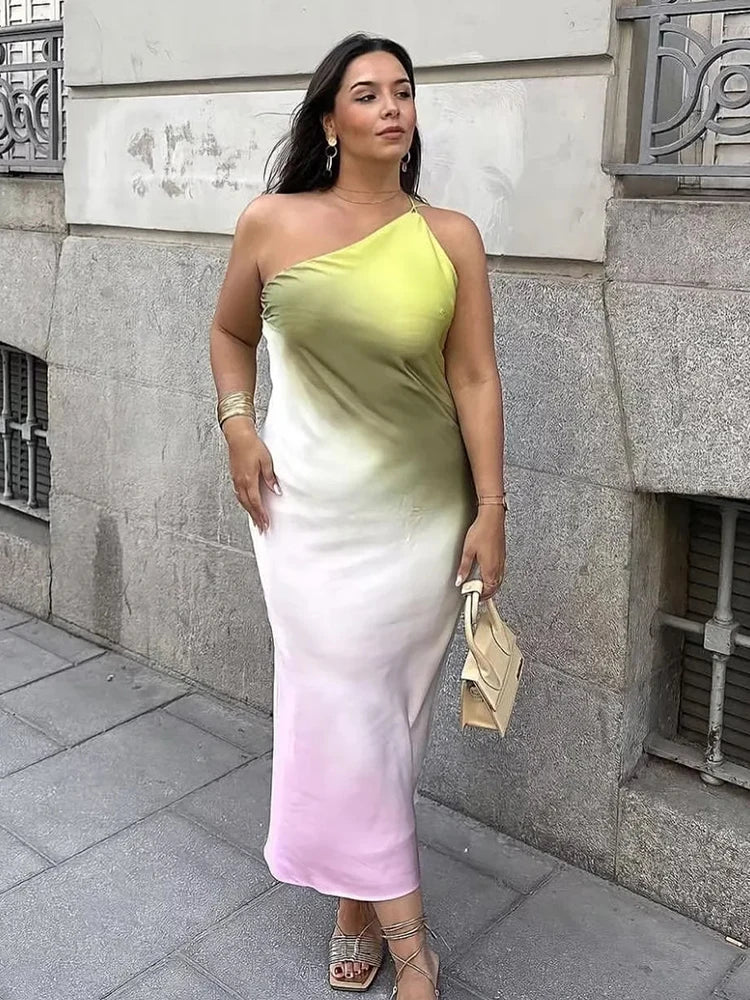 Summer Dress Women's Backless Maxi Party Satin Dress One Shoulder Asymmetrical Sleeveless Sexy Sundress Tie-dyed Long Vestidos