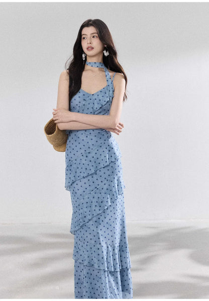French Commuter V-Neck Streamer Polka Dot Lotus Edge Suspender Dress Female Slim Mesh Printed Dress