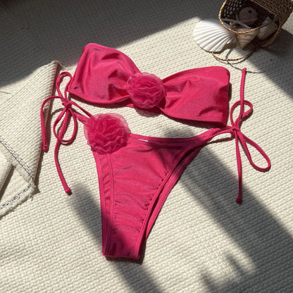 Summer Women Bikinis Strapless Brazilian Thong Biquini 3D Flower Solid Women Two Pieces Bathing Suit Swimsuit Beachwear