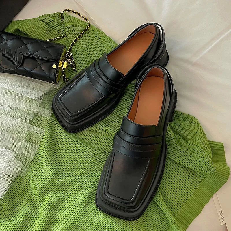 Slip On Loafers 6 CM Med Bottom Creepers Square Toe Platform Casual Shoes Vulcanized Footwear Cow Leather Loafer Shoes