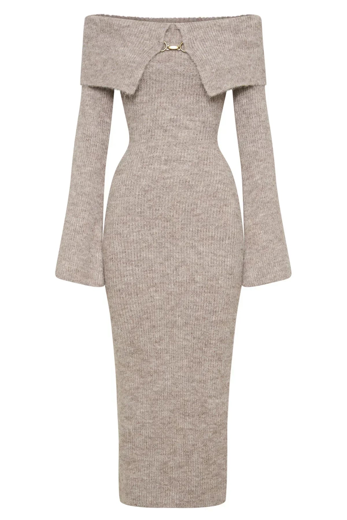 Off Shoulder Rib Knit Fold Over Collar Bodycon Maxi Dress