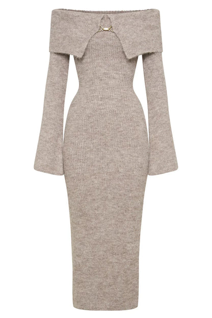 Off Shoulder Rib Knit Fold Over Collar Bodycon Maxi Dress